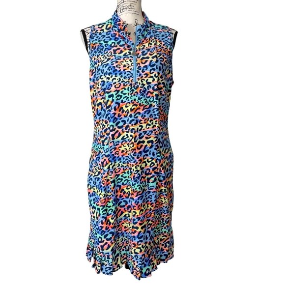 Tzu Tzu Dresses & Skirts - Tzu Tzu Womens Size L Dress Sleeveless Zip Mock-Neck Rainbow Leopard Pockets
